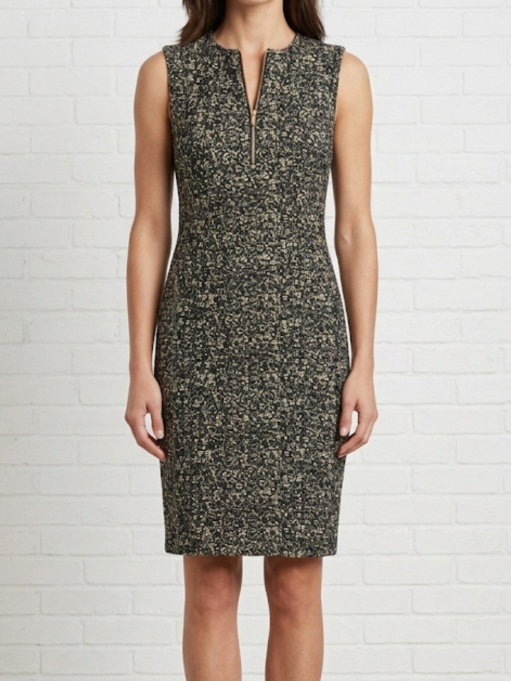 Calvin Klein Black and Cream Textured Midi Sheath Dress